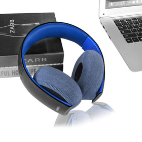 Geekria blue knit ear covers on a headset demonstrating broad compatibility