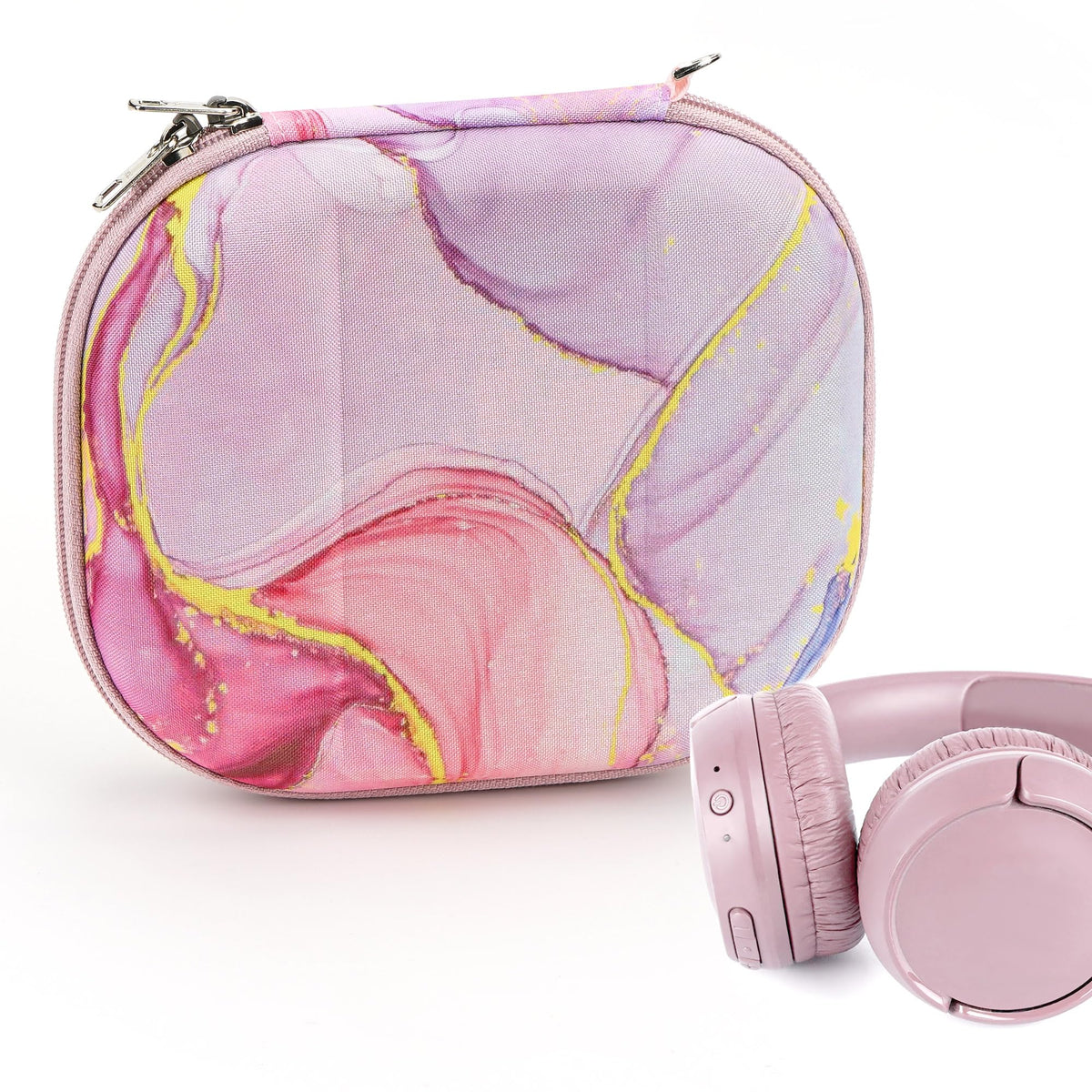 Geekria NOVA headphones case in pink marble with protective hard shell for travel