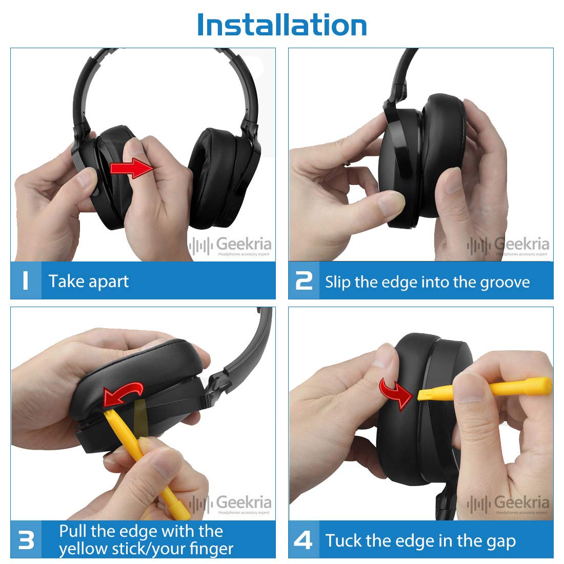GEEKRIA ear pads being installed on Skullcandy headphones for easy replacement.