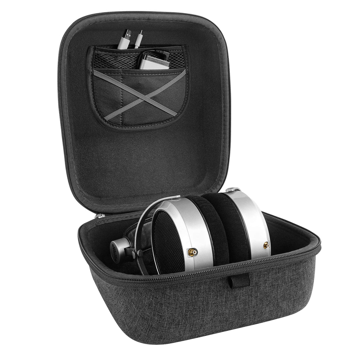 Interior mesh pocket shown for organizing cables and adapters.