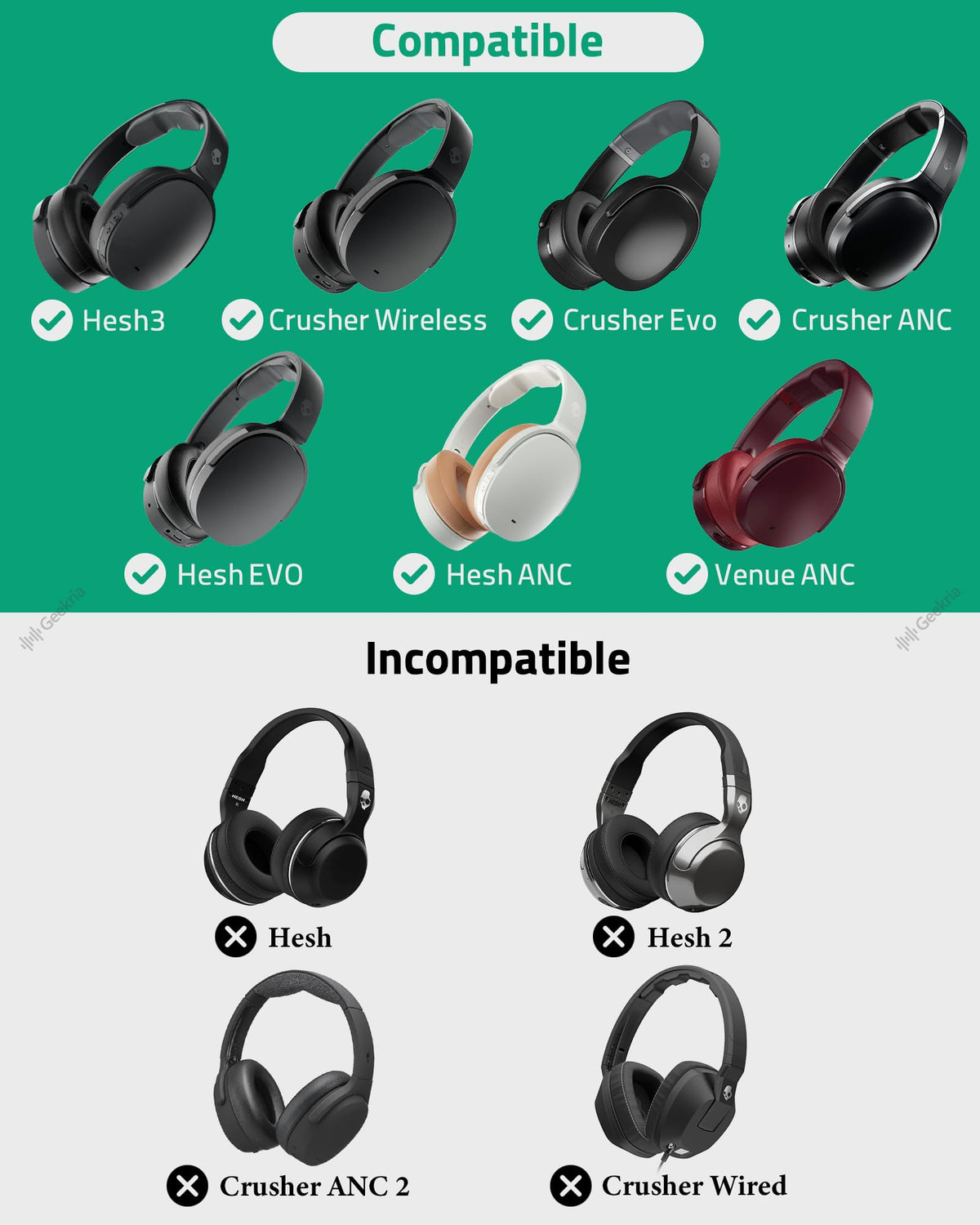 GEEKRIA side profile mounted on Skullcandy Crusher demonstrating restored fit and seal