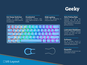 Geeky GK61 hot-swap switches allow easy customization without soldering.