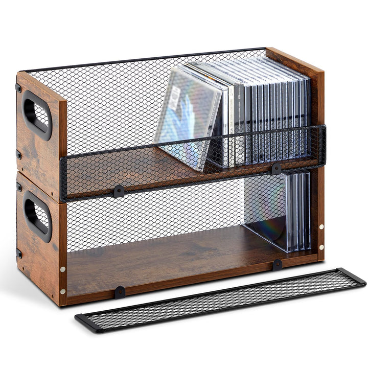 Geelin front view of wooden CD rack showing retro style and tidy storage benefit