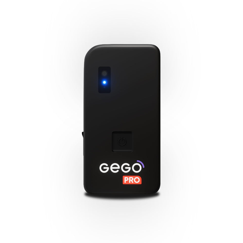 GEGO PRO front view showing compact tracker and clear branding for quick identification