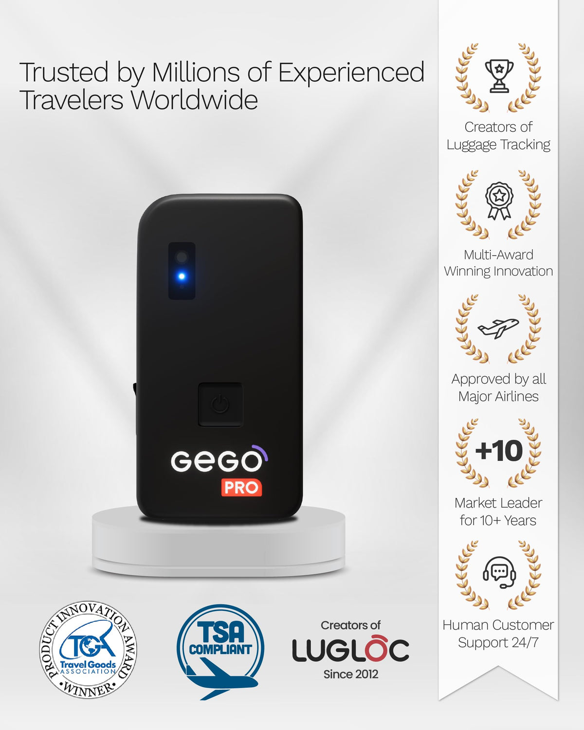 GEGO PRO next to passport for scale illustrating compact size and portability