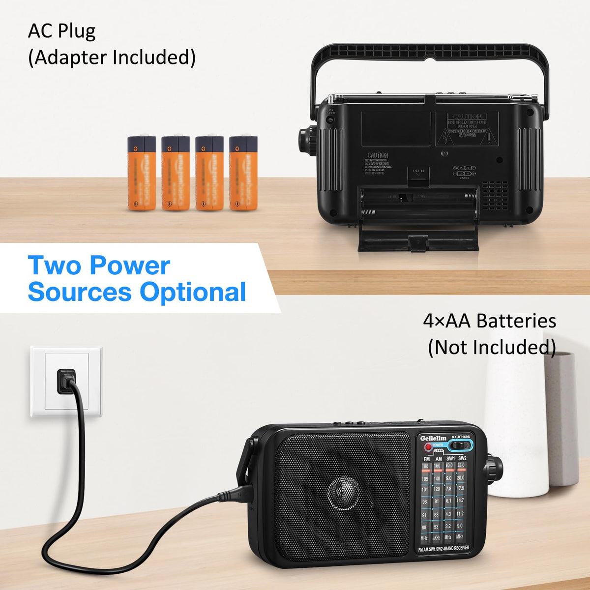 Gelielim radio supports AC or battery power for home and outdoor use.