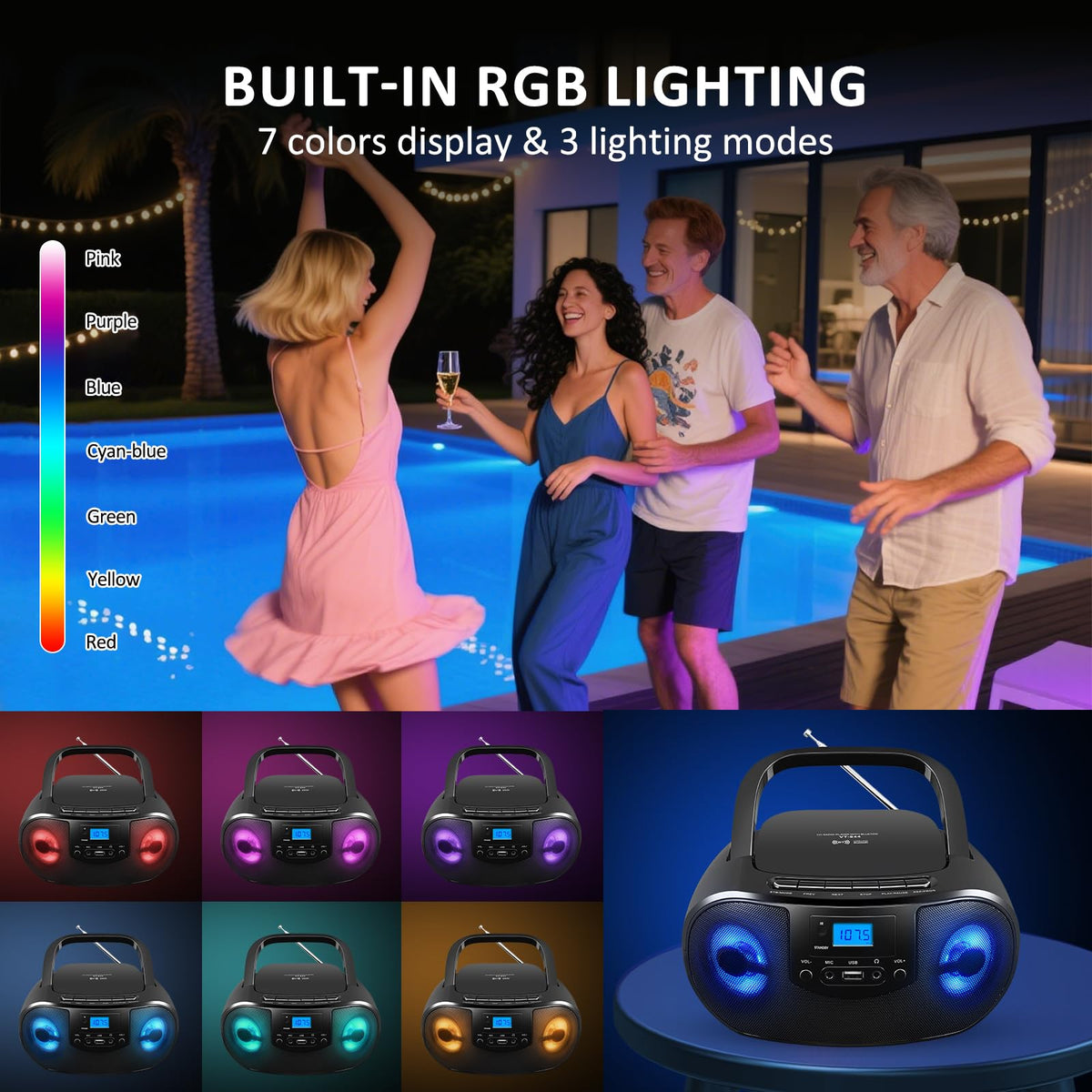 Gelielim boombox LED lighting effect creating party ambiance with rhythm-synced colors