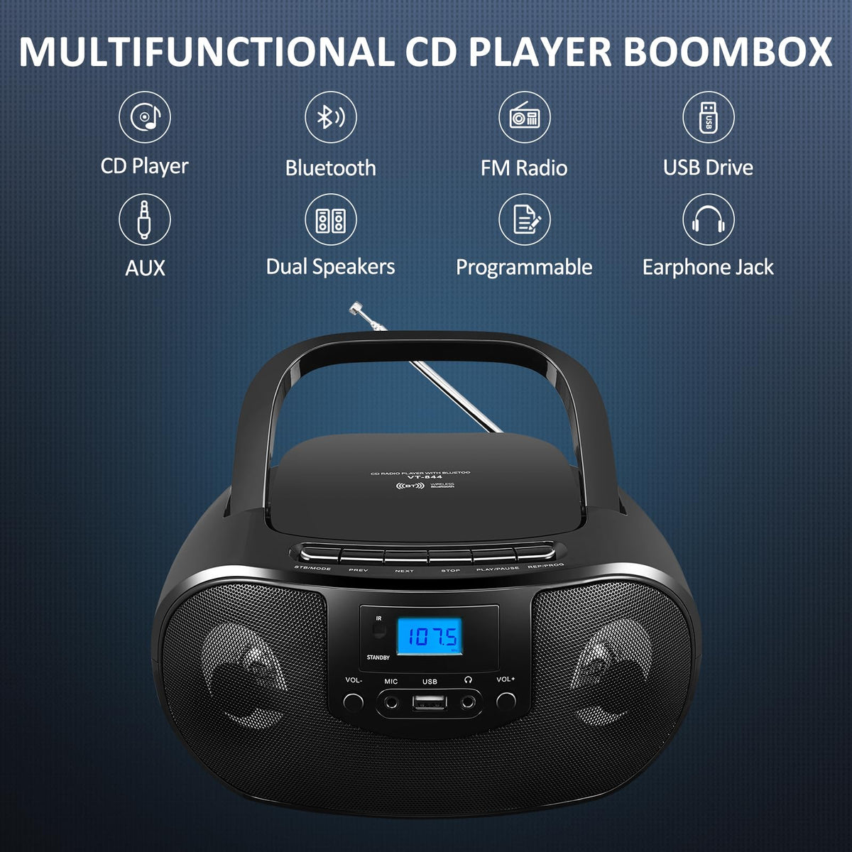 Gelielim boombox top-loading CD tray open demonstrating easy disc insertion and playback