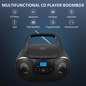 Gelielim boombox top-loading CD tray open demonstrating easy disc insertion and playback