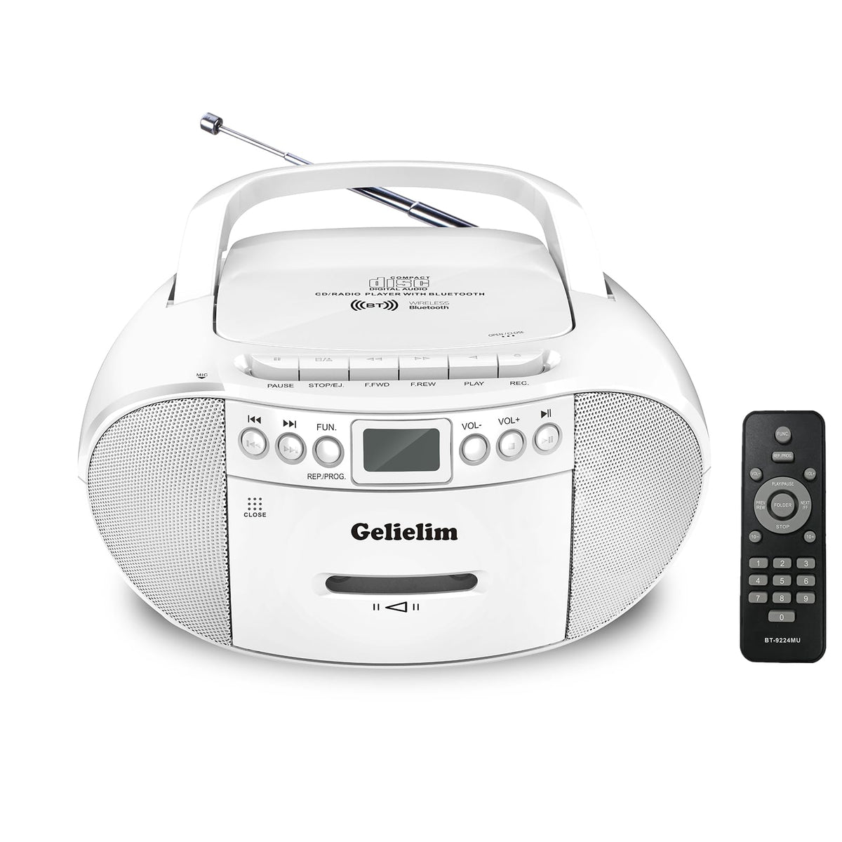 Gelielim CD Cassette Boombox front view with dual speakers.