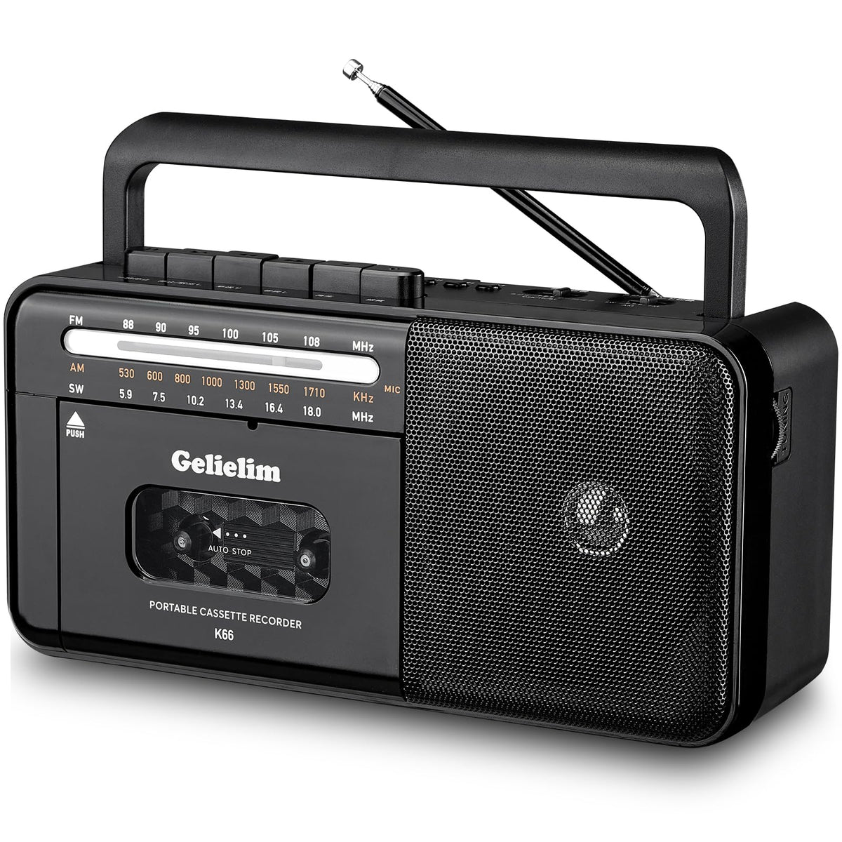 Gelielim front view boombox showing cassette door and benefit of easy playback