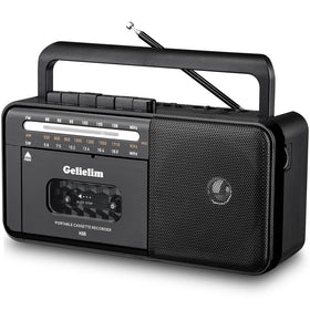 Gelielim front view boombox showing cassette door and benefit of easy playback