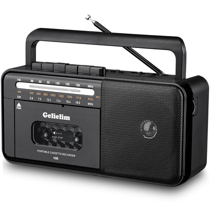 Gelielim front view boombox showing cassette door and benefit of easy playback