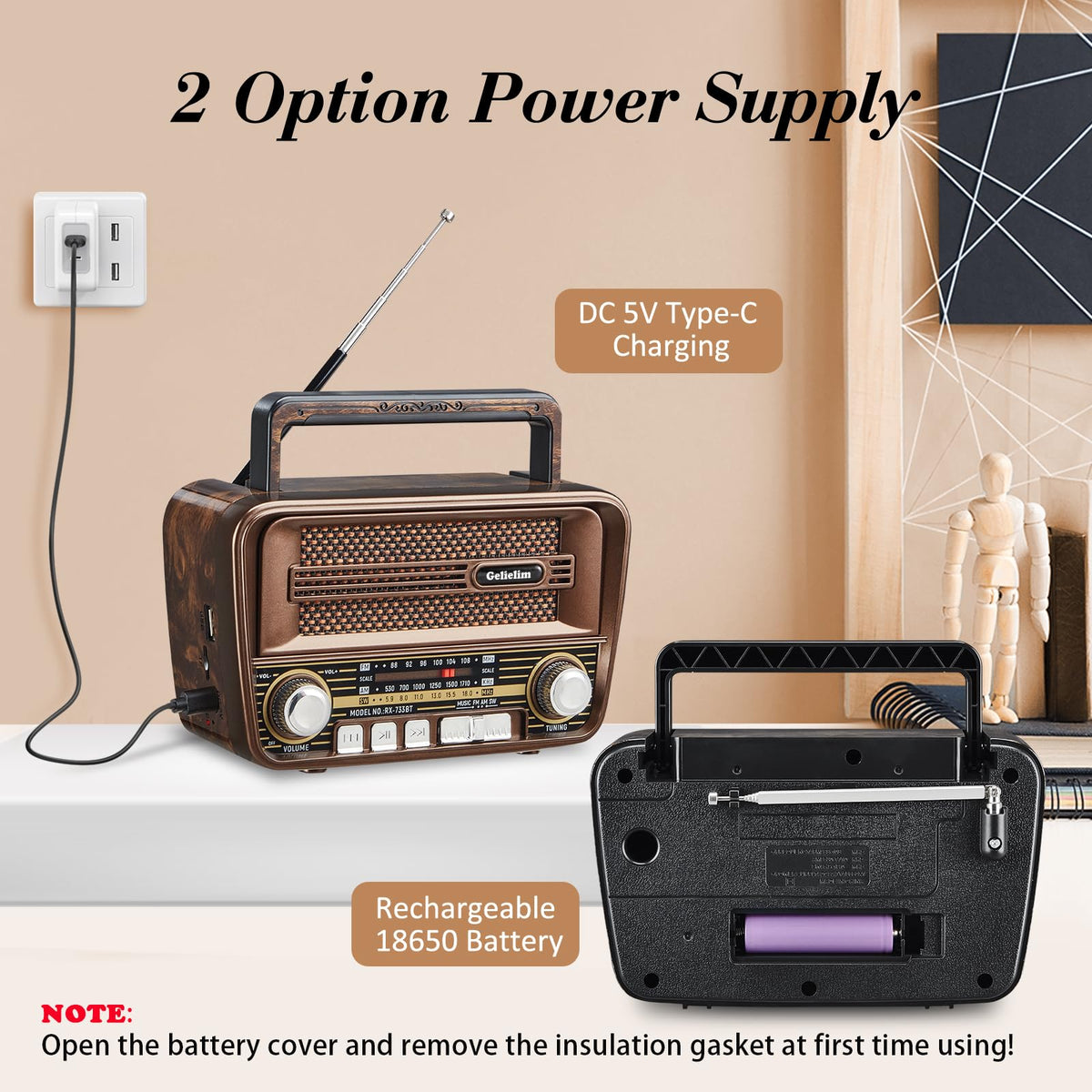 Gelielim portable radio side view highlights compact design for travel