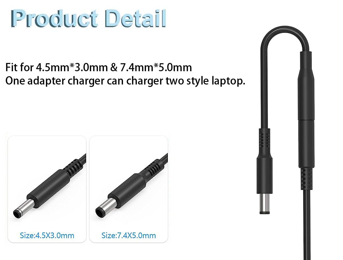 Converter cable shown for multiple Dell connector sizes across devices.