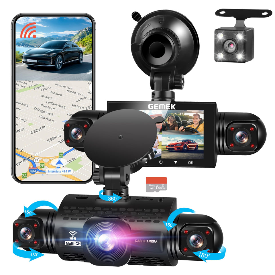 Gemek 360-degree dash cam coverage across all sides for comprehensive road recording.