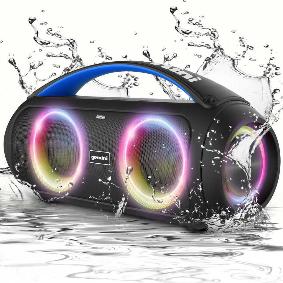 Gemini boombox front view showing speaker drivers and solid bass output