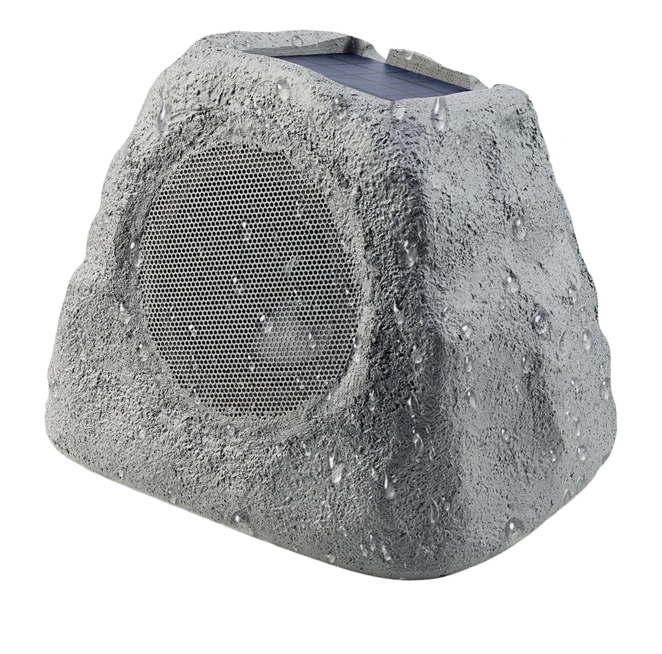 Gemini rock speaker front view showing natural finish and patio blending benefit
