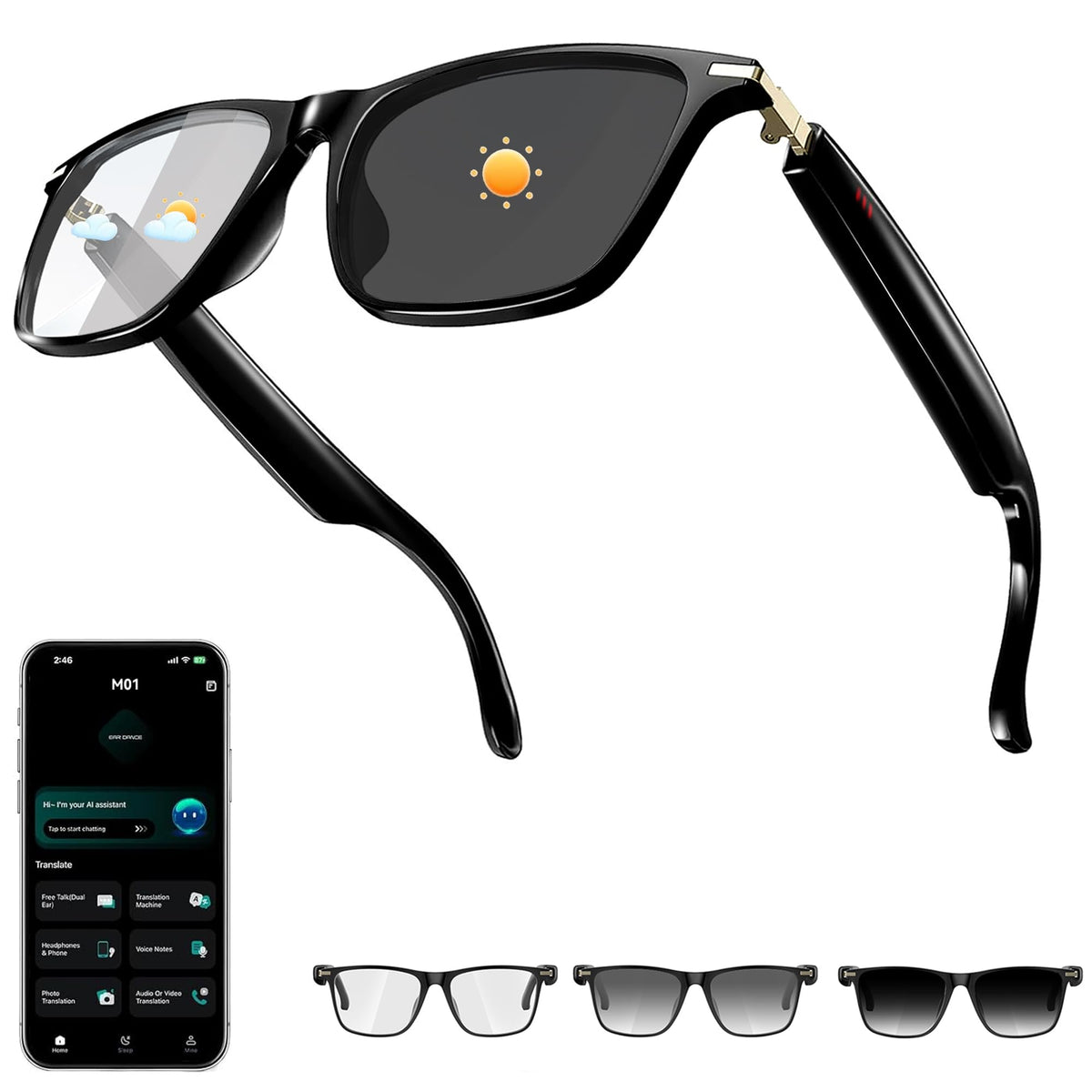 Generic AI Smart Glasses front view with real-time translation for travel and meetings