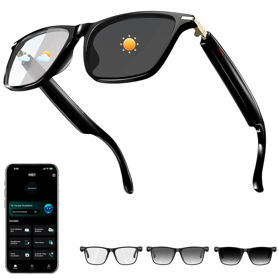 Generic AI Smart Glasses front view with real-time translation for travel and meetings