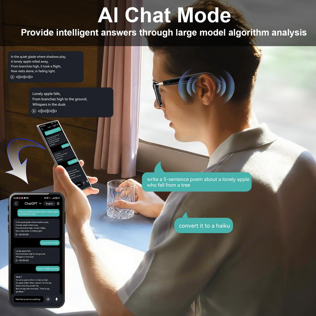 Generic AI Smart Glasses photochromic lens adapts indoors and outdoors for UV protection