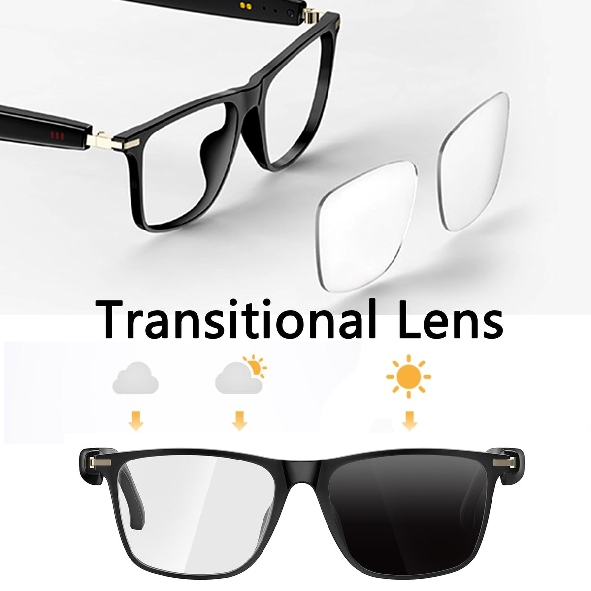 Generic AI Smart Glasses Photochromic Lenses adapting to light conditions.