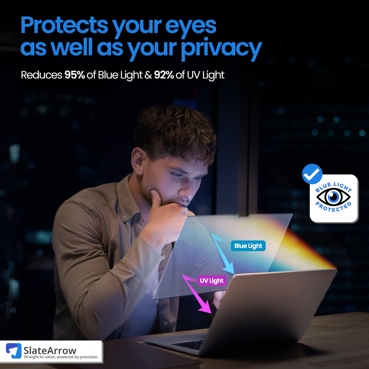Generic Anti-glare shield reduces reflections and eye strain on MacBook.
