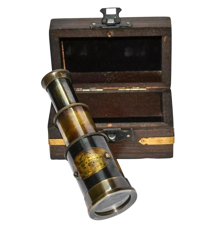 Generic antique brass telescope with wooden box for family stargazing and educational viewing sessions.