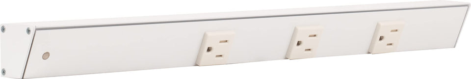 Generic APT angled power strip left 18-inch under-cabinet view highlights accessible outlets.