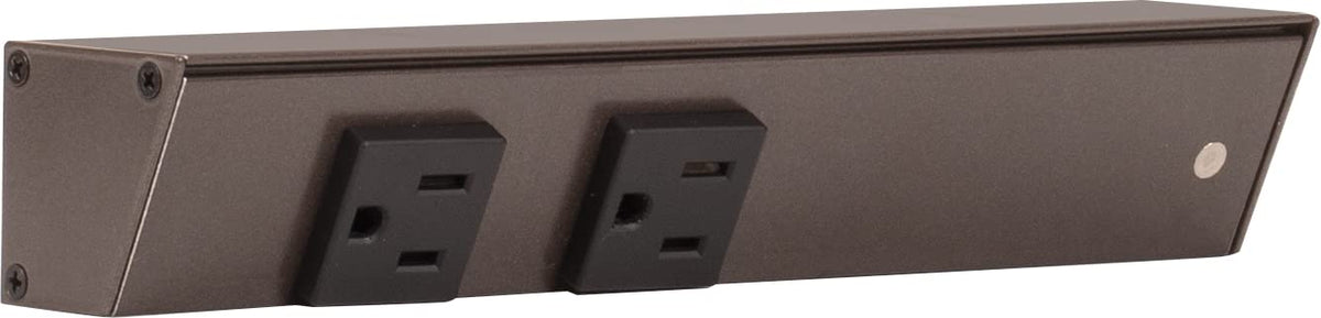 Generic APT angled power strip mounted under cabinet with bronze finish for tidy access