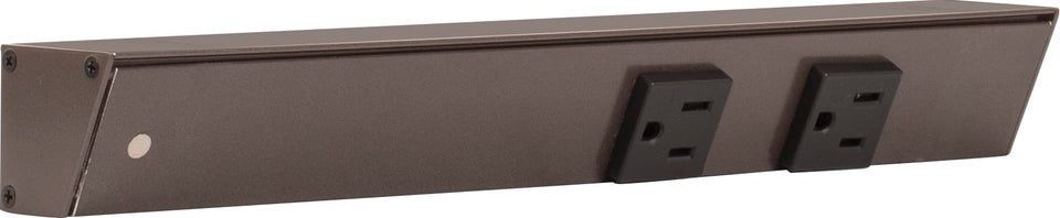 Generic APT angled power strip left 12-inch reach for under-cabinet access.