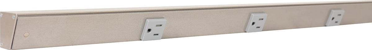 Generic APT under-cabinet angle power strip in satin nickel with hidden outlets for clean counters.