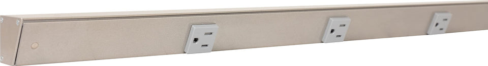 Generic APT under-cabinet angle power strip in satin nickel with hidden outlets for clean counters.
