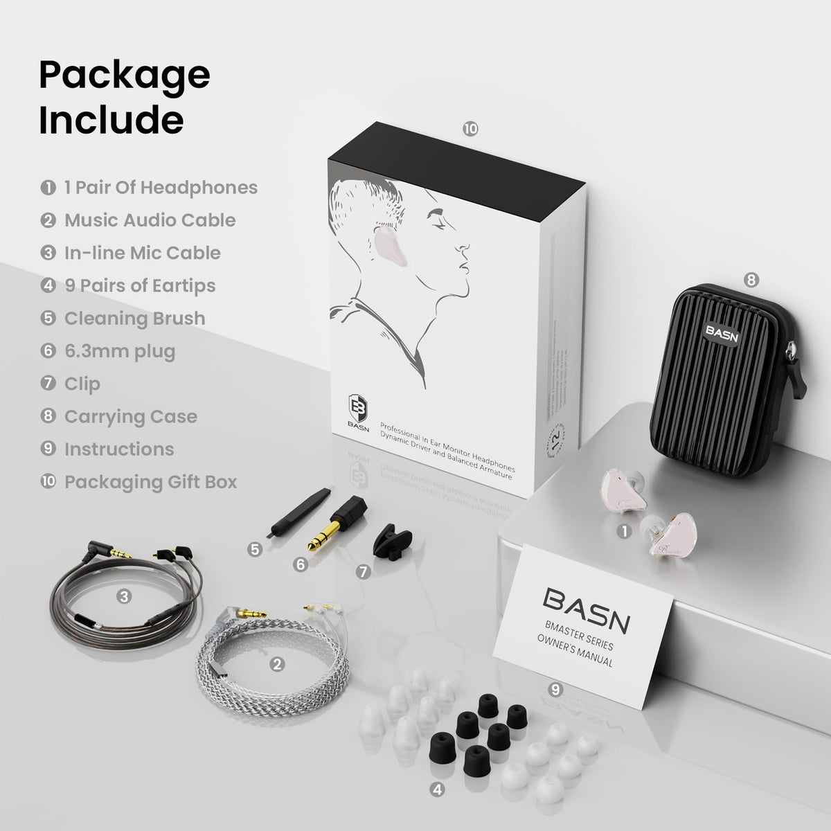 Generic BASN 6.3mm adapter included for amps and devices.