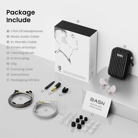 Generic BASN 6.3mm adapter included for amps and devices.