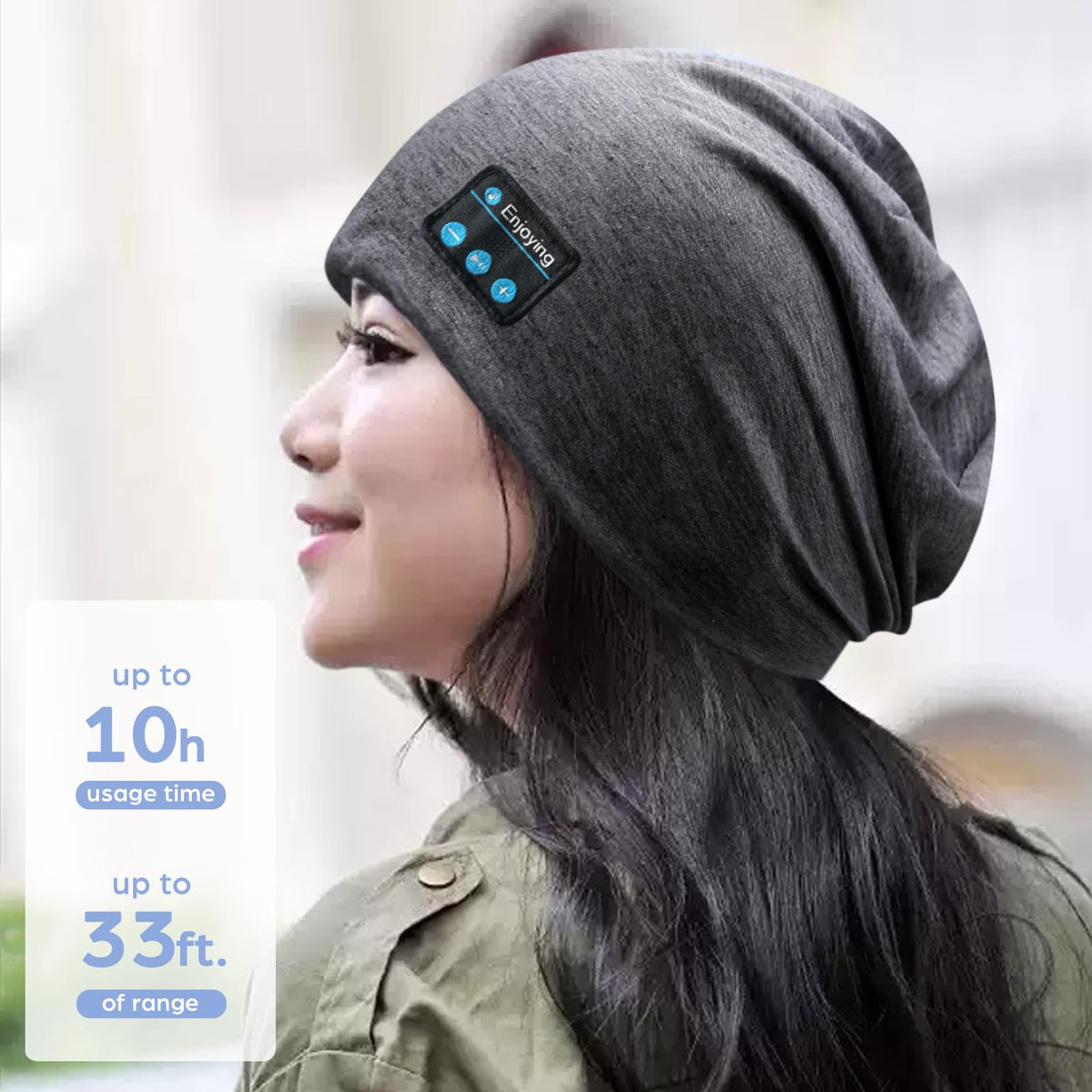 Generic beanie on streetwear model showing fashionable summer audio hat