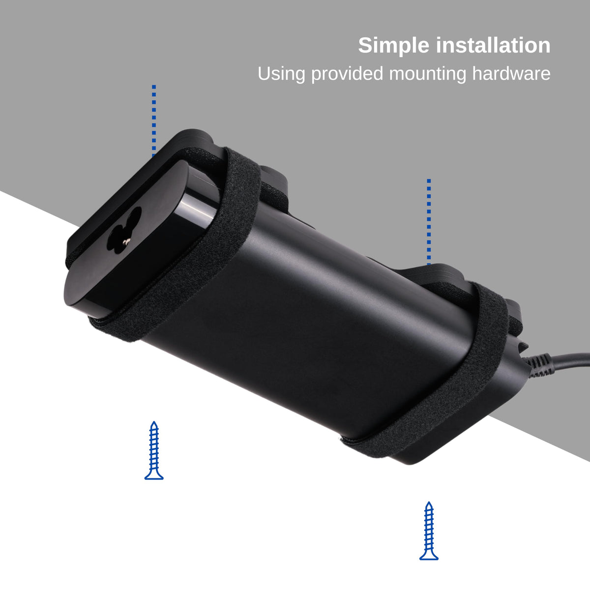 Generic close-up of adjustable straps securing power brick for stability