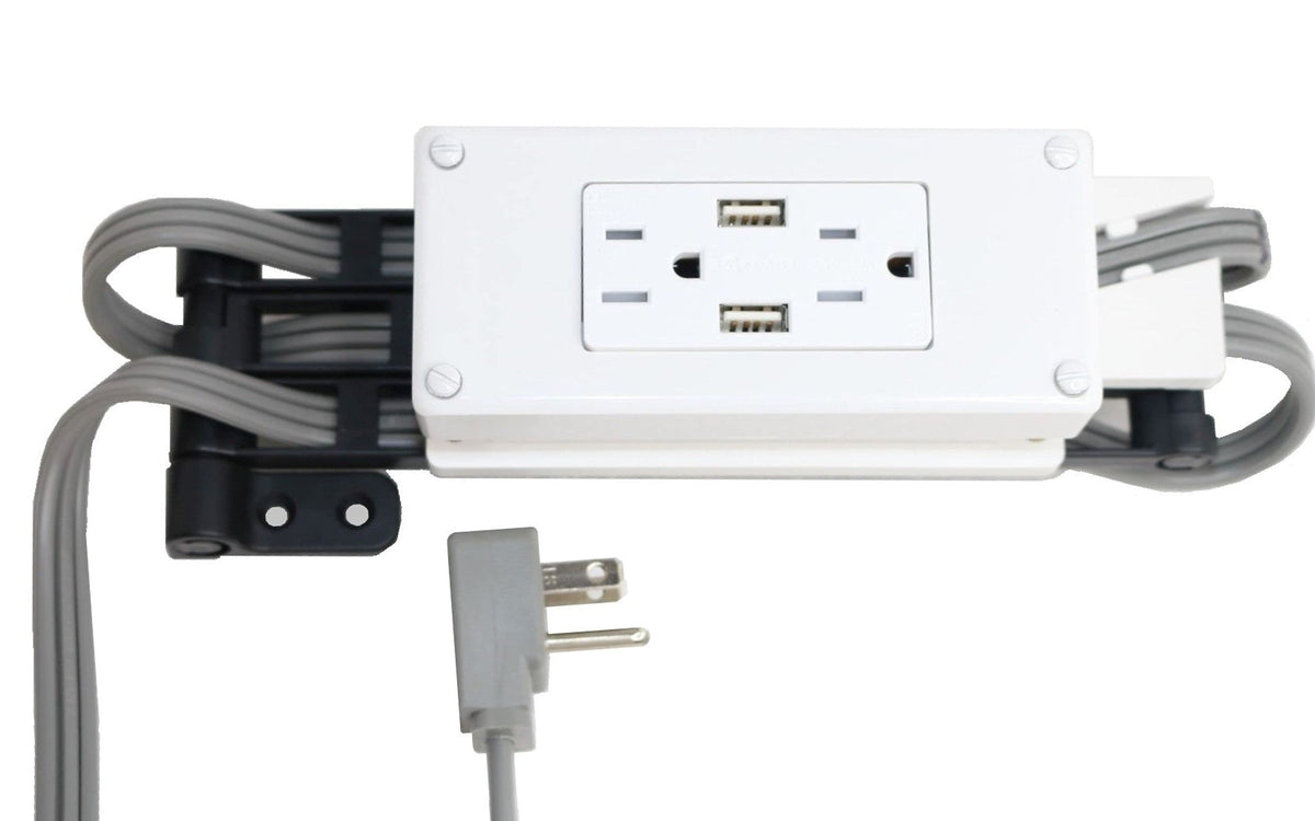 Generic compact in-drawer outlet with cord-management arm fits slim drawers, saving countertop space.
