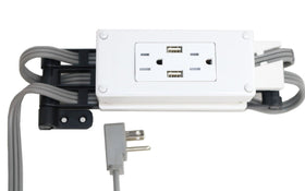 Generic compact in-drawer outlet with cord-management arm fits slim drawers, saving countertop space.