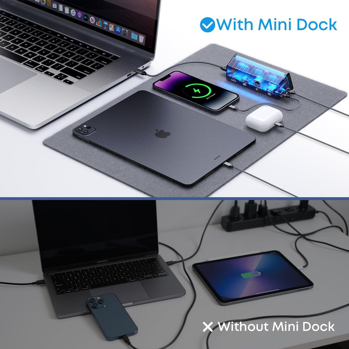 Generic dock in desk lifestyle setting reducing cable clutter benefit