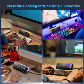 Generic dock beside laptop showing compact size and portability benefit
