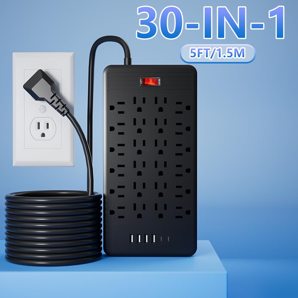 Generic dorm or office setup with 24-outlet power strip blending into space