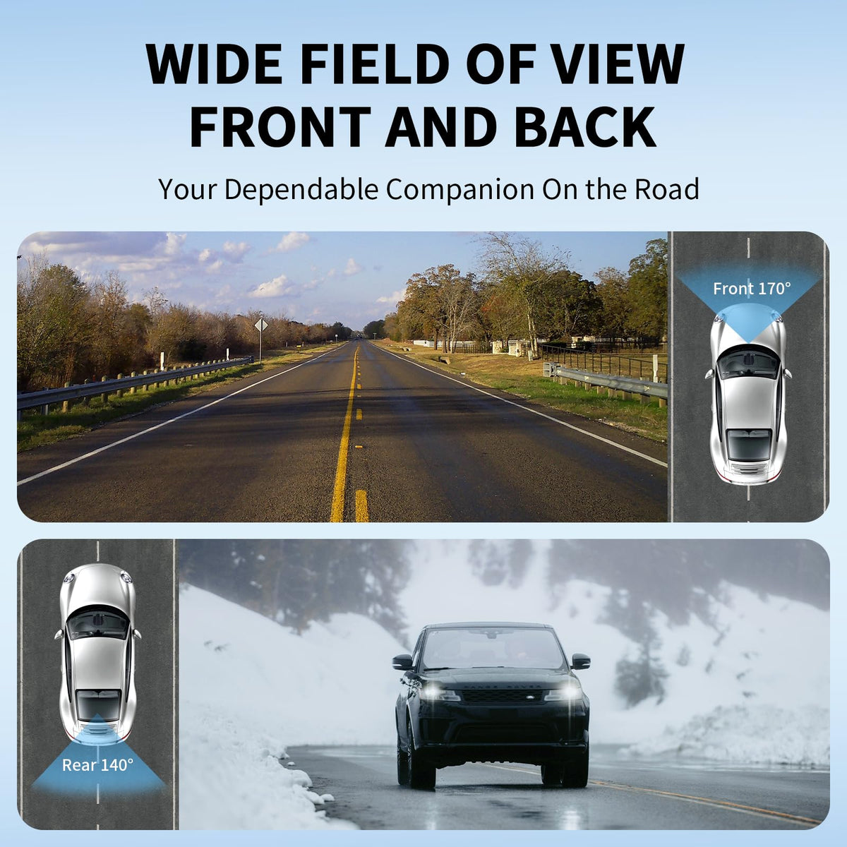 Generic dual dashcam mounted in car demonstrating front and rear oversight benefit