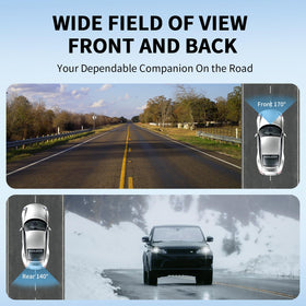 Generic dual dashcam mounted in car demonstrating front and rear oversight benefit