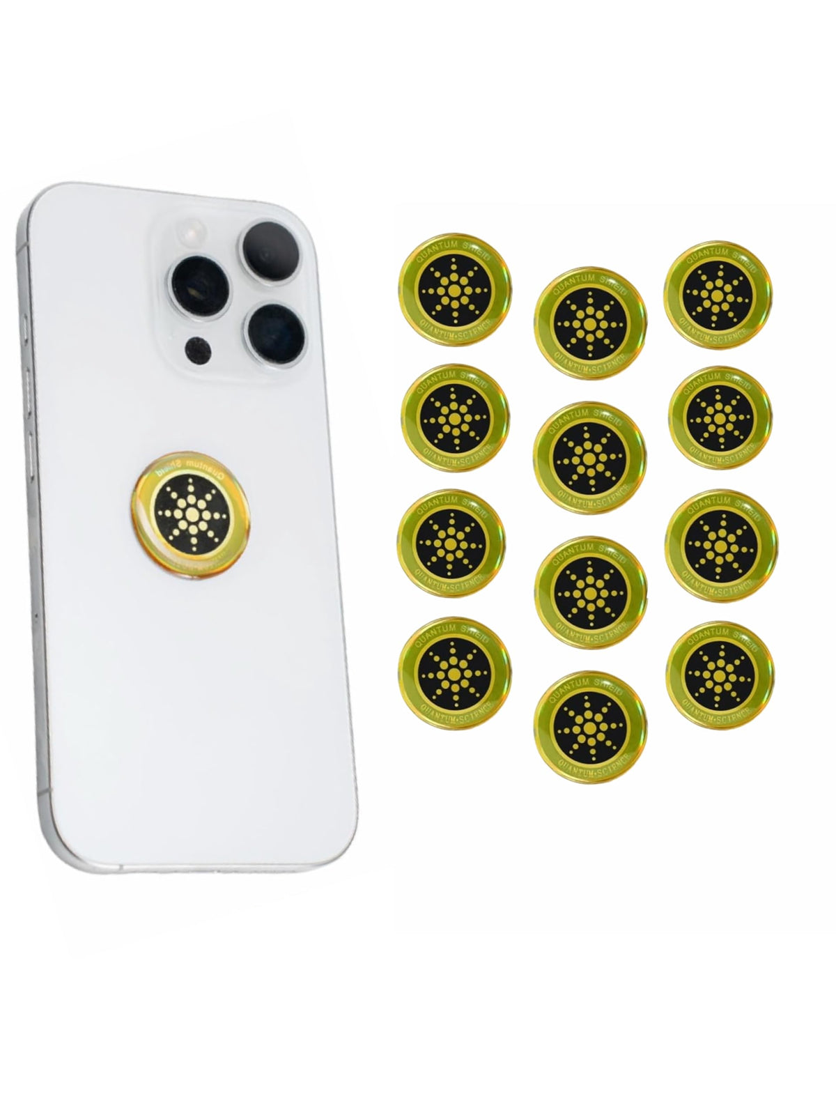 Generic EMF Stickers gold 12-pack placed near the phone antenna for daily protection