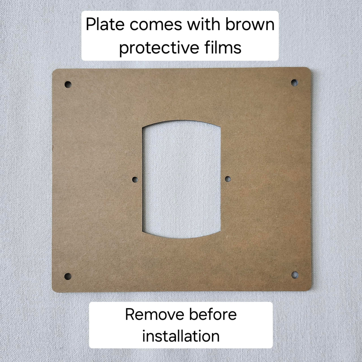Generic flush mount plate dimensions 7.5 by 6.5 by 0.125 inches shown on wall.