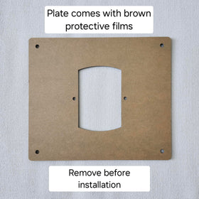 Generic flush mount plate dimensions 7.5 by 6.5 by 0.125 inches shown on wall.