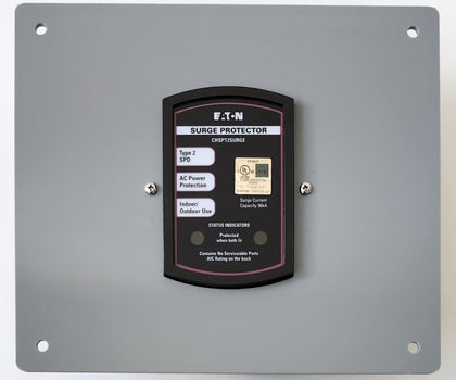 Generic flush mount plate for Eaton CHSPT2ULTRA in acrylic gray keeps surge device flush to wall.