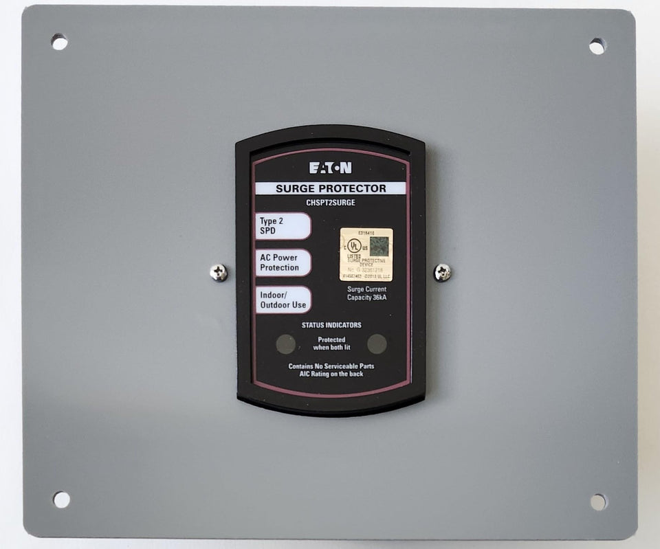 Generic flush mount plate for Eaton CHSPT2ULTRA in acrylic gray keeps surge device flush to wall.