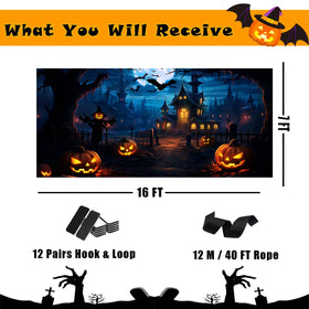 Generic nighttime scene of banner lit for atmospheric Halloween photo backdrop